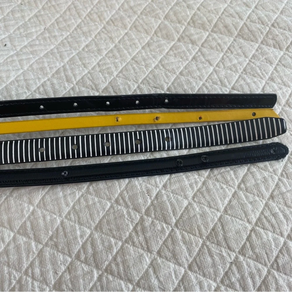 Bundle of 4 Classic Skinny Belts black, striped, yellow silver-tone buckle 30”